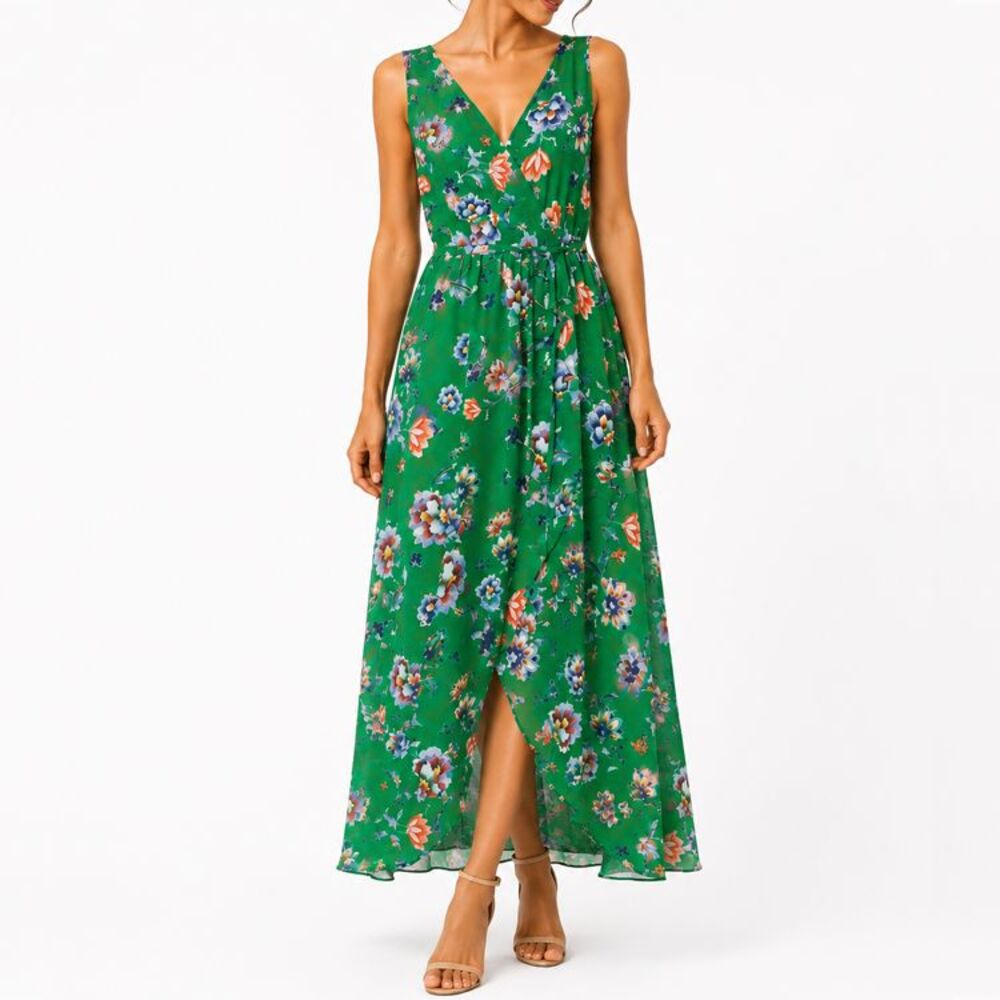 Bar III Green Floral Wrap Maxi Dress Sleeveless V Neck Flowing XL Garden Party